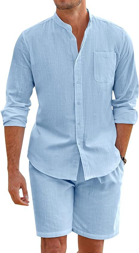 Men's Summer Two-Piece Outfit – Stylish Long Sleeve Button Shirt & Shorts