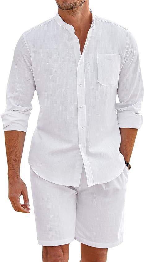 Men's Summer Two-Piece Outfit – Stylish Long Sleeve Button Shirt & Shorts