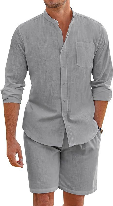 Men's Summer Two-Piece Outfit – Stylish Long Sleeve Button Shirt & Shorts